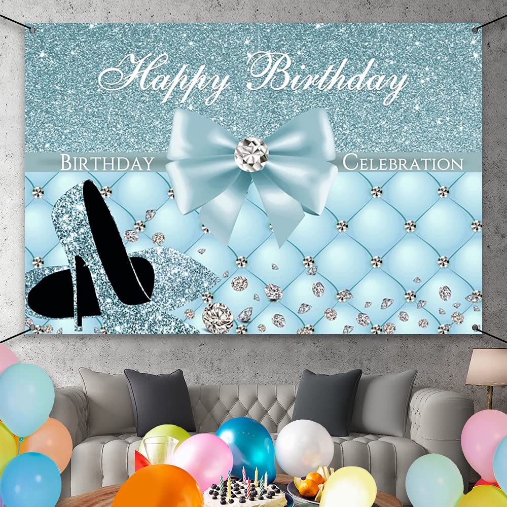 Happy Birthday Banner With Glitter Heels & Diamonds – Blue & Gold 6x3.6ft Party Backdrop For Women