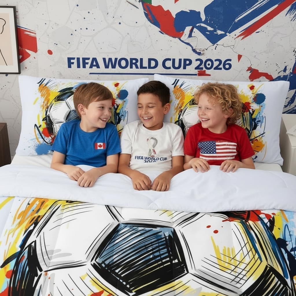 BSNTHO Soccer Comforter Set Boys Sports Bedding Set Twin Size for Kids Teens Hand Drawn Football Graffiti Style Comforter Design 3 Piece with 1 Comforter 2 Pillowcases