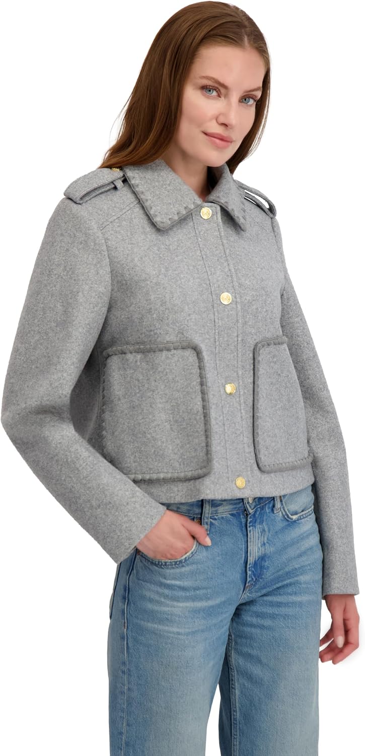 Laundry by Shelli Segal Women's Faux Wool Cropped Jacket– Blanket Stitch Detail, Snap Closure, Epaulette Accent