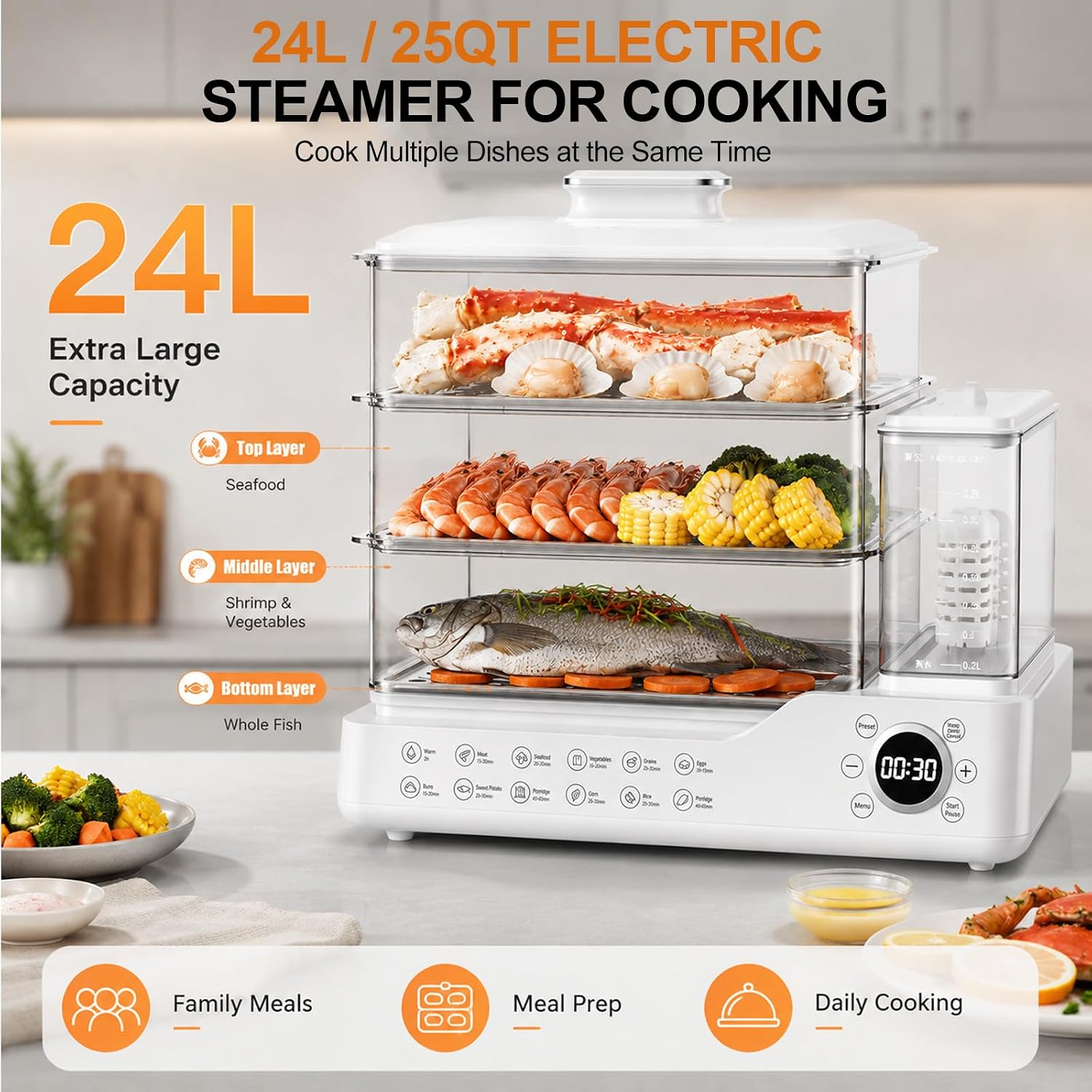24L Electric Food Steamer, 3-Tier Food Steamer, Stainless Steel Steam Cooker with Detachable Water Tank 24-Hour Timer & Auto Keep Warm for Vegetables Seafood Eggs