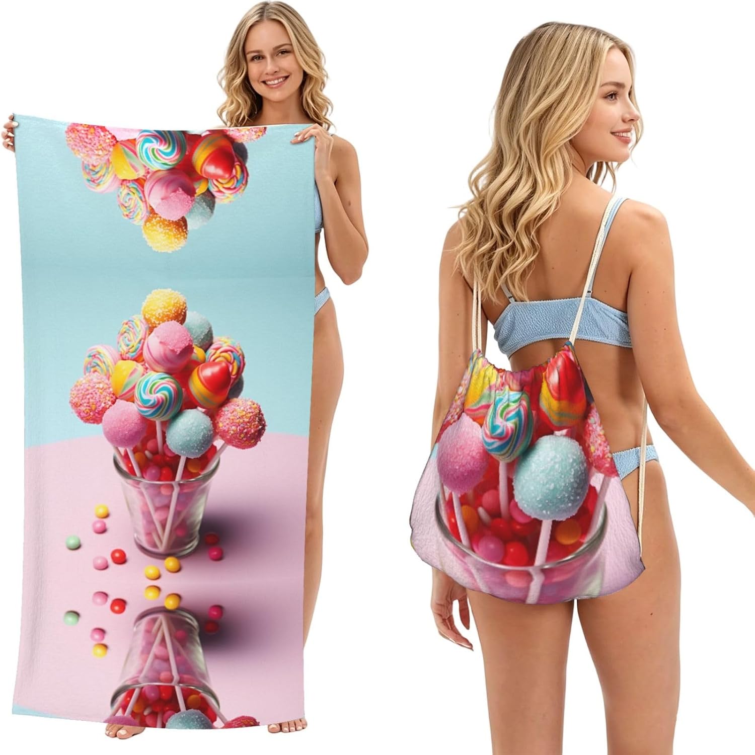 2 in 1 Packable Towel Bag,Soft Absorbent Pool Towels Backpack Quick Dry Lightweight Beach Towels Candies Drawstring Bag for Travel Camping Sports Picnic