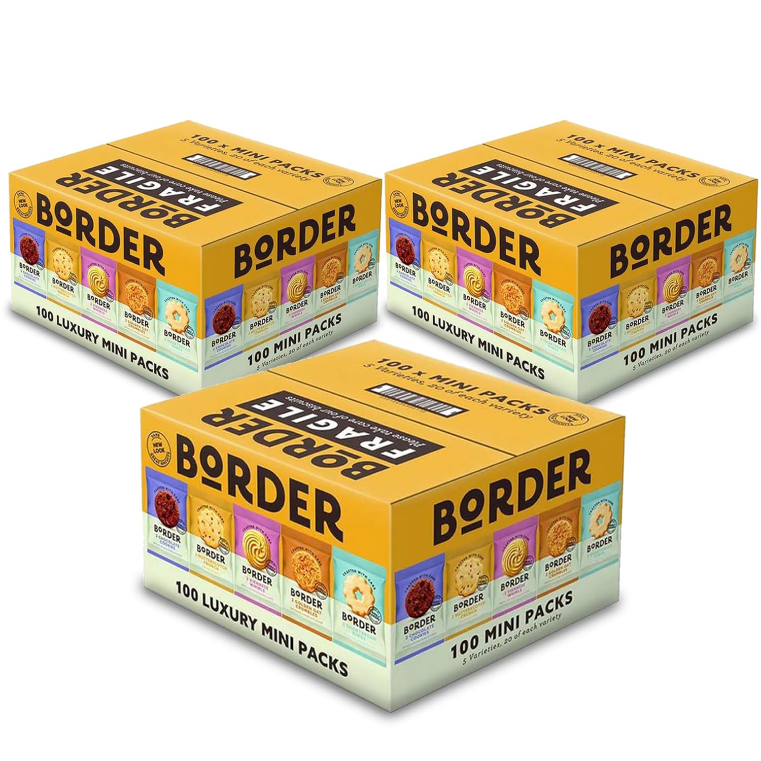 Border Biscuits Luxury Biscuit Selection 100 Mini Packs with 5 Varieties (3 Boxes (100 Per Box))