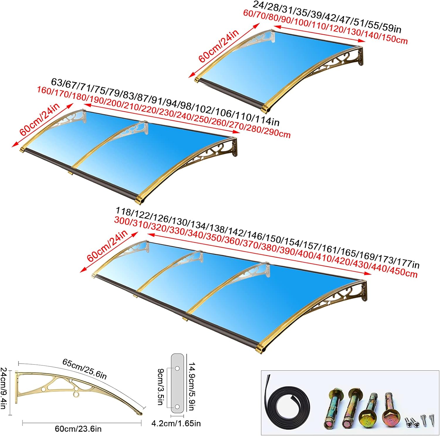 Modern Lake Blue Front Door Canopy Awning/Champagne Aluminum Bracket,Curved Door Window Awning,60/100/190/230/290/450cm,Garden Balcony Eaves Silent Roofing Rain Shelter (60x90cm/24 x35)