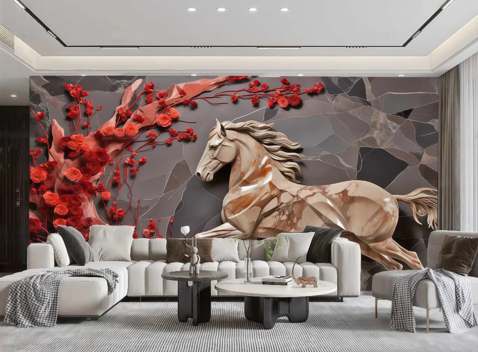 Papier peint 3D cheval marron : la solution relief pour agrandir votre salon