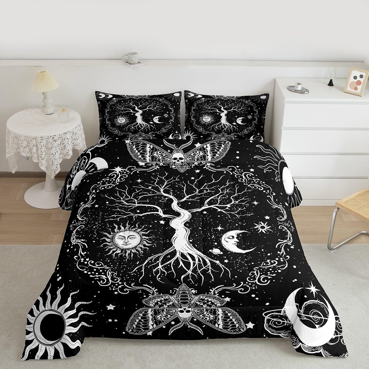 Tree of Life Queen Comforter Set Hippie Gothic Moth Bedding Comforters & Sets, Sun and Moon Comforter Psychedelic Galaxy Trippy Stars Quilted Comforter, Black and White Bedroom Decor Microfiber Cozy