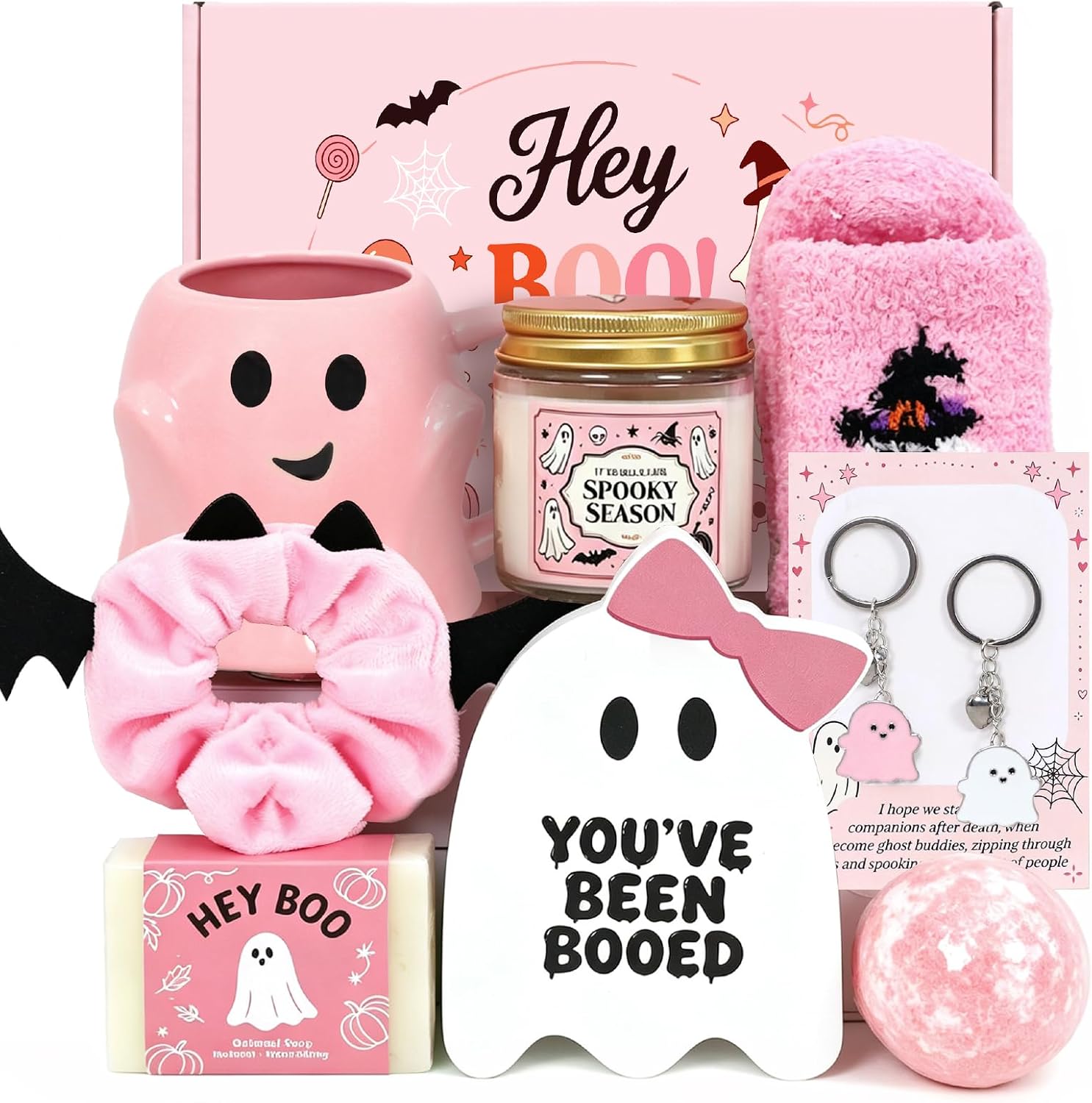 Halloween Boo Basket Stuffers for Women Girls, 8pcs Boo Basket for Adults Kids Teens Care Package Gift Box,Pink Ghost Halloween Mug