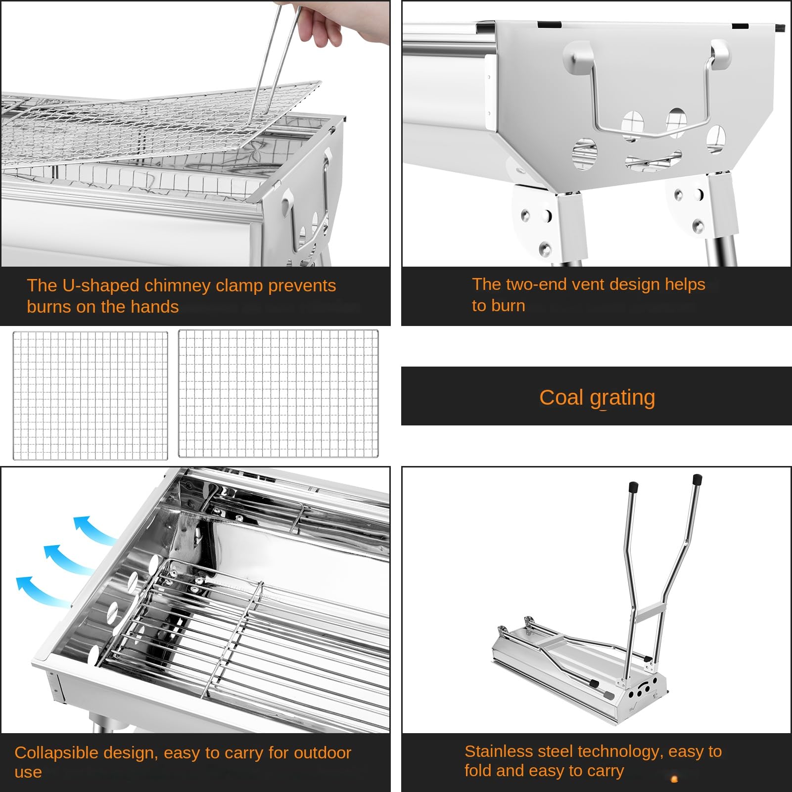 Barbacoa de carbón plegable de acero inoxidable, portátil, con asa, para 8 personas, ideal para camping, jardín, terraza y pícnic, superficie de la parrilla aprox. 73 x 28 x 74 cm