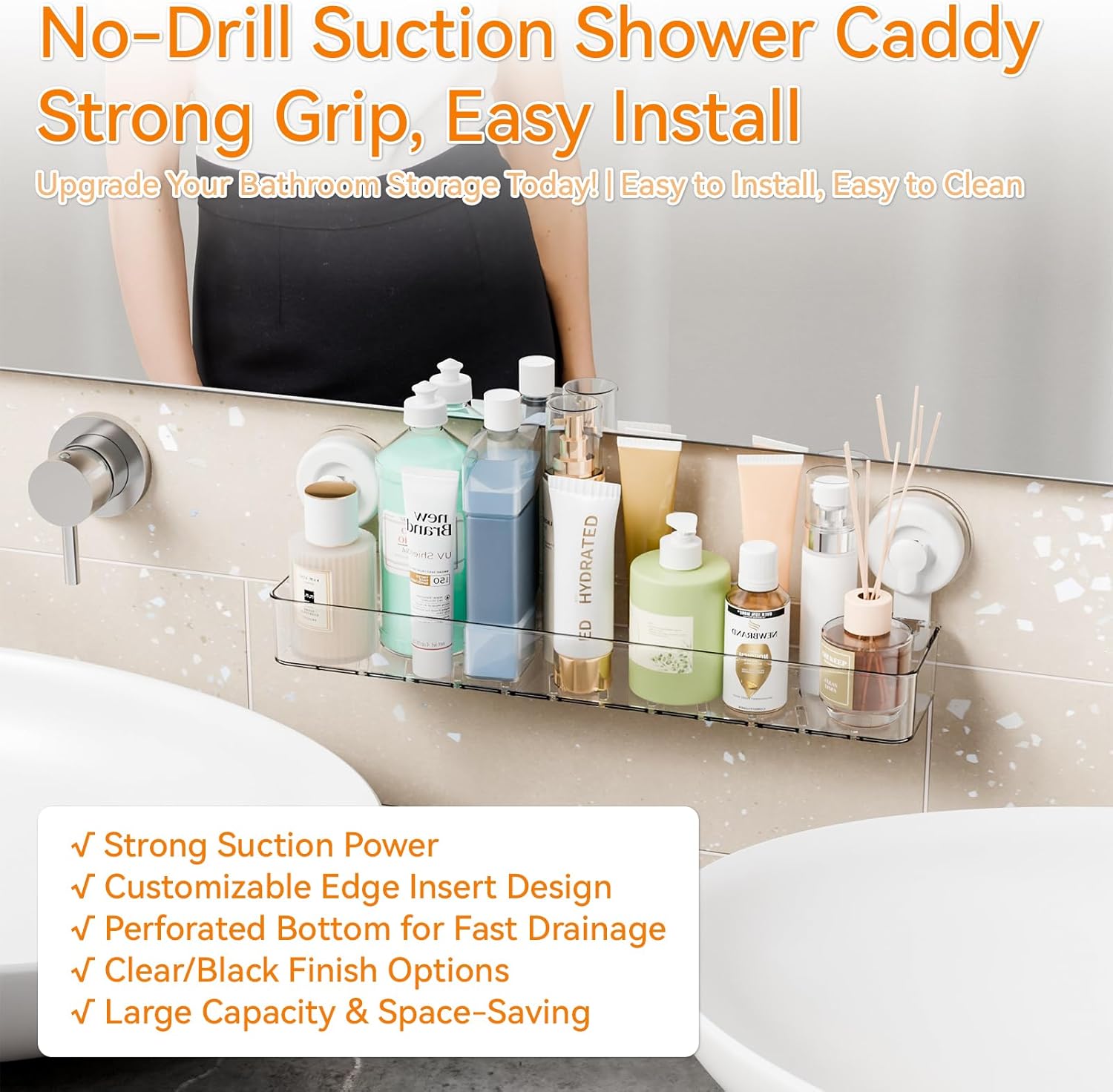 Clear 2 Pack Acrylic Shower Caddy Suction Cup,No Rust Bathroom Organizers and Storage Holder,Plastic Wall Mounted Shower Shelves,Bathtub Storage Organizer,Shampoo and Conditioner Holder for Washroom