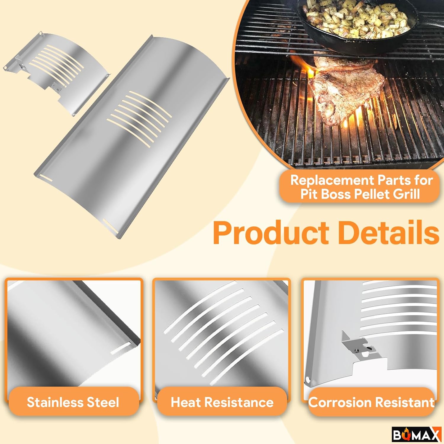 Close-up images highlighting the stainless steel construction, heat resistance, and corrosion resistance of the flame broiler parts.