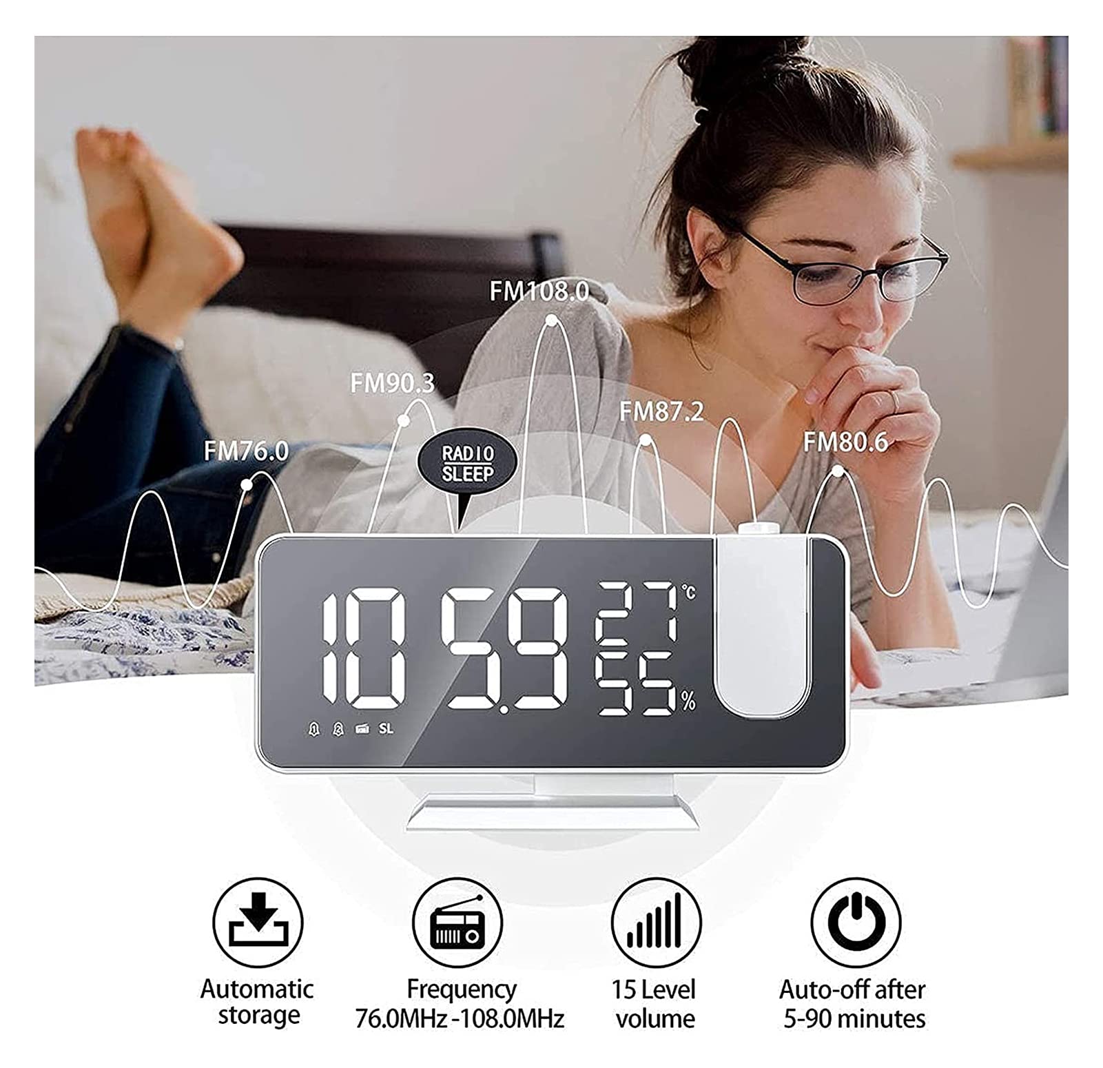 WTL Despertador Reloj de alarma digital de proyección con FM Radio, 7.3 DIRIGIÓ Pantalla de espejo GRAND DIGIT, 180 ° Proyector Modern Mirror Superficie Reloj de alarma con función Snooze / 2 sonidos