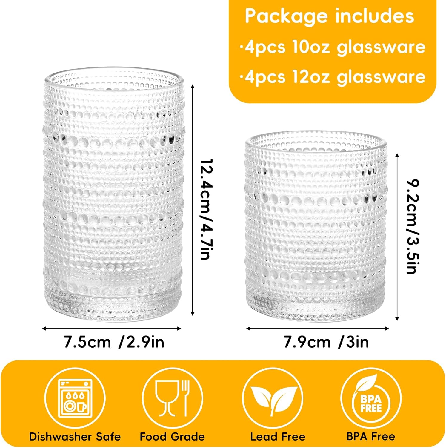 Moretoes 8 Pack Hobnail Drinking Glasses Set, 12 Oz Highball Glasses & 10 Oz Cocktail Glasses, Clear Embossed Water Glass Cups Kitchen Bar Tumbler Glassware Set for Whiskey, Beer, Juice, Milk - Image 3