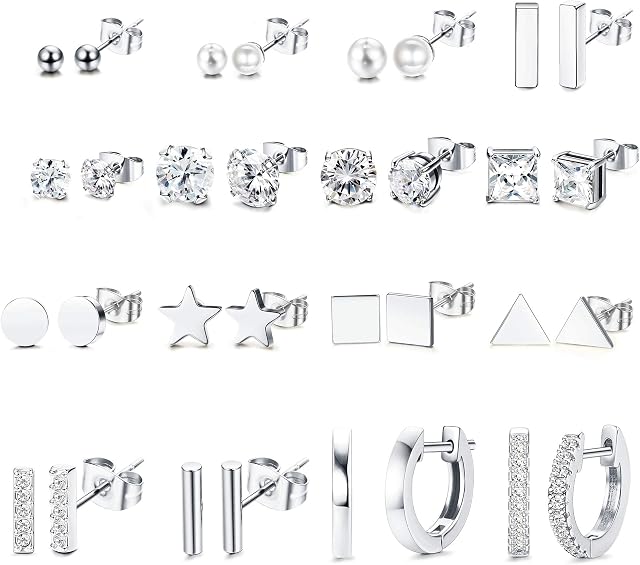 MILACOLTO 16Pairs Surgical Steel Small Stud Earrings Set for Women Men Star Triangle Moon Heart Bar Square Round Disc Ball Crystal CZ Tiny Stainless Steel Geometric Stud Earrings