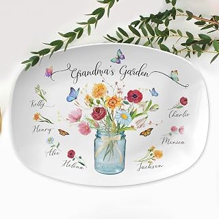 QUYNHANH Custom Grandma Platter, Grandma Gift From Grandkids, Personalized Platters for Grandma, Nonna Plates, Mothers Day Dinnerware, Gift With Kids Names, Birth Flower Gifts