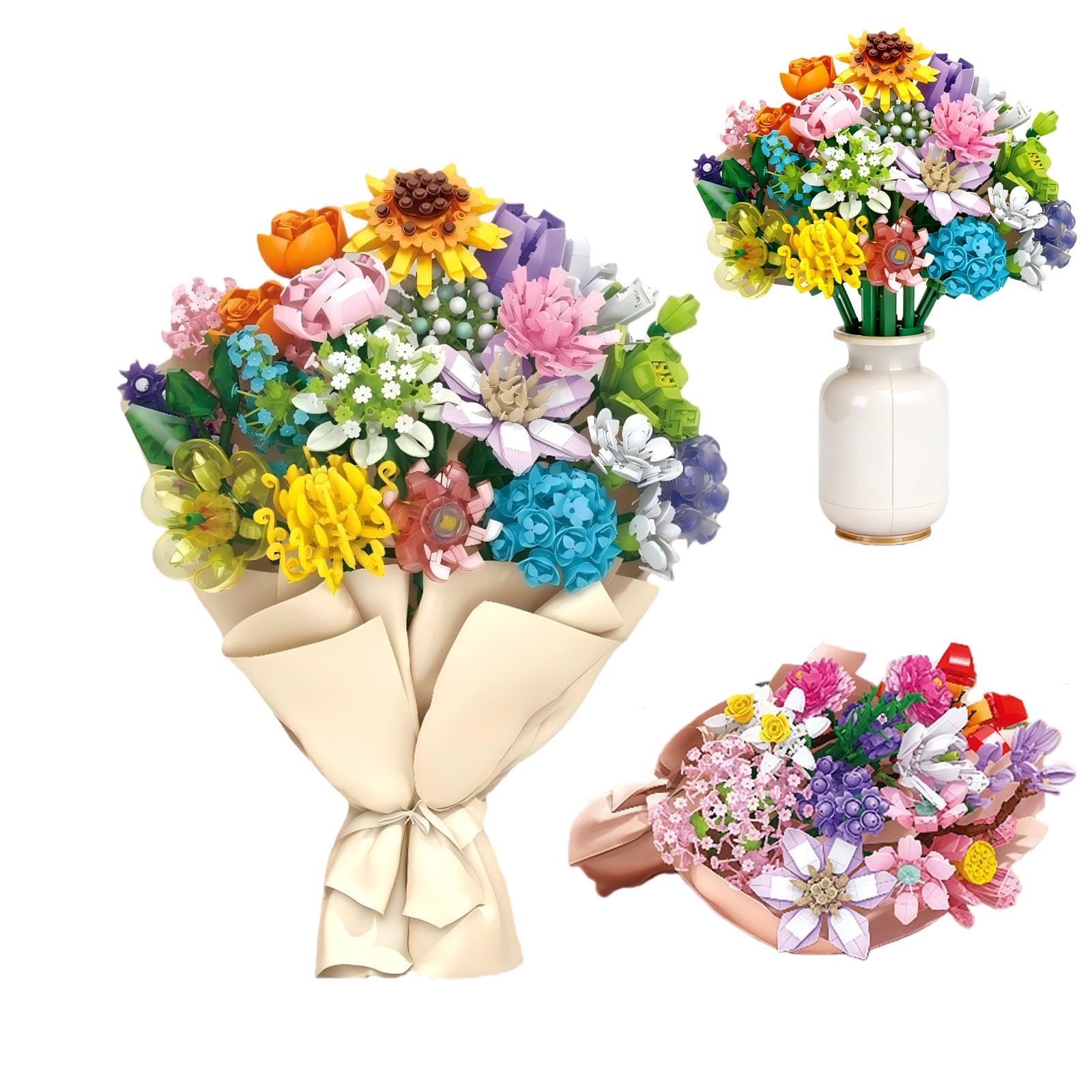 Aoksily 12 Blumen Bauspielzeug für Erwachsene, 2180 Stück Blumen Bouquet Building Blumenstrauß Bausteine Bauklötze Spielzeug für Geburtstag Valentinstag Weihnachten (Keine Vase)