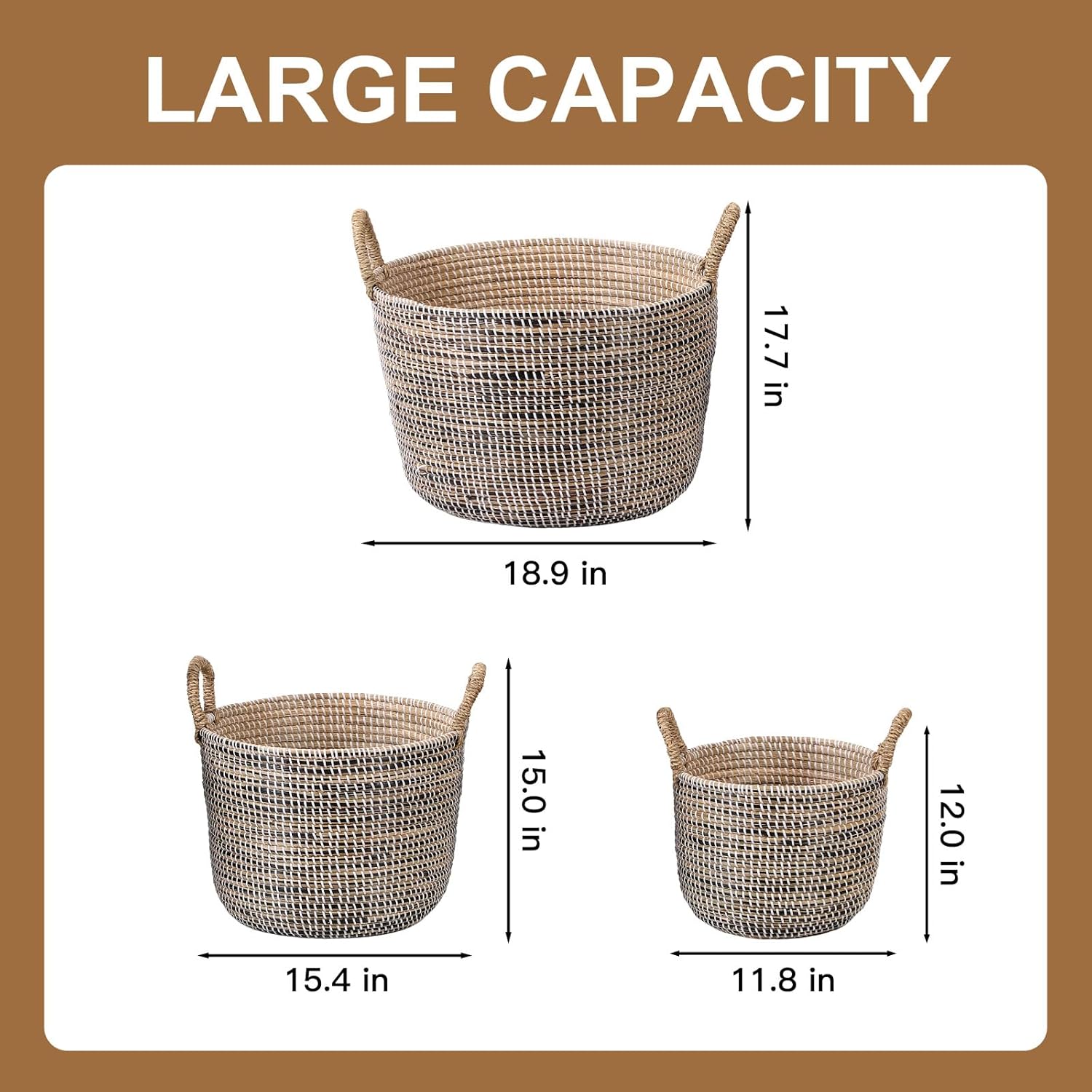 3-Piece Handwoven Seagrass Storage Basket Set with Handles, Large/Medium/Small Wicker Organizer for Laundry, Towels, Toys & Home Decor, Natural Brown