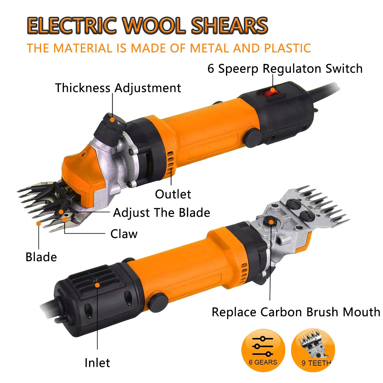 1000W Tosatrice Elettrica per Pecore, Kit per La Toelettatura Del Bestiame, Forbici Elettriche Resistenti Con Regolazione a 6 Velocità per Animali a Pelo Spesso, Pecore, Alpaca, Capre 1piece