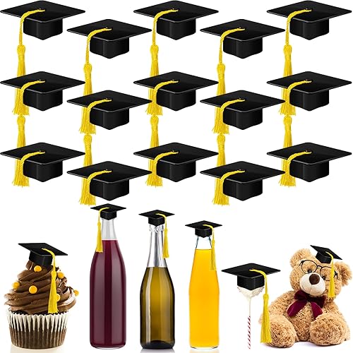 30 Pieces Mini Graduation Cap Hats Plastic Grad Cake Wine Bottle Cover Toppers for Graduation Party Decorations (Black)