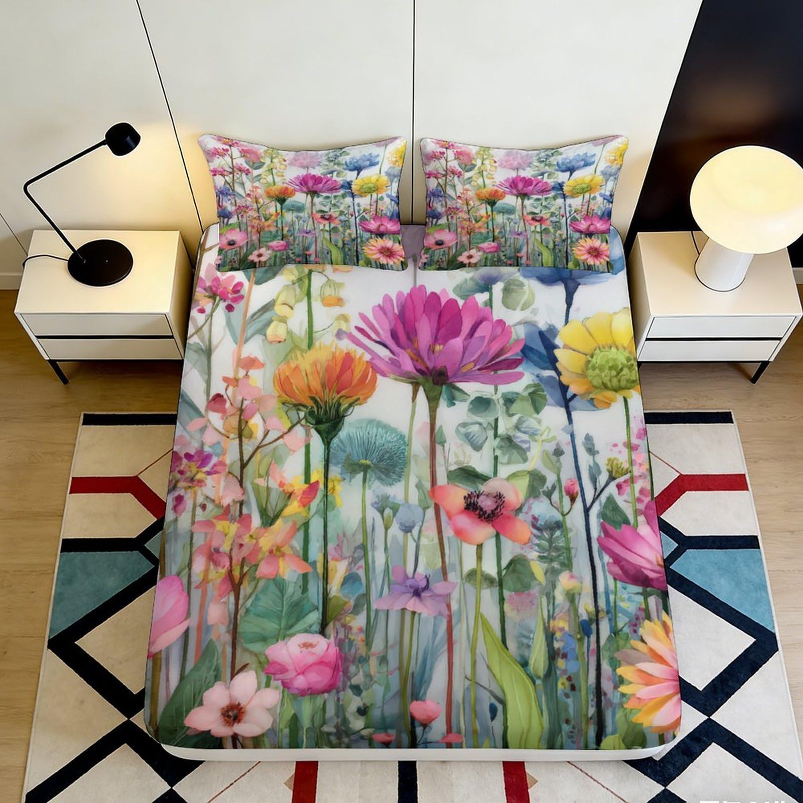 3D Printed Wildflower Meadow Fitted Sheet Microfiber Soft Colorful Floral Bed Cover for Bedroom Guest Room 90x200x25cm