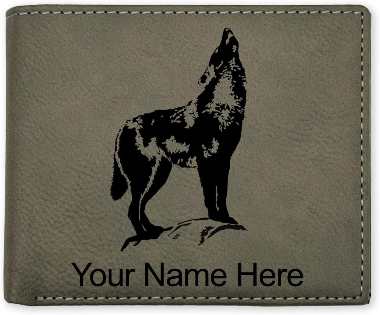 LaserGram Faux Leather Bi-Fold Wallet, Howling Wolf, Personalized Engraving Included (Black with Silver)