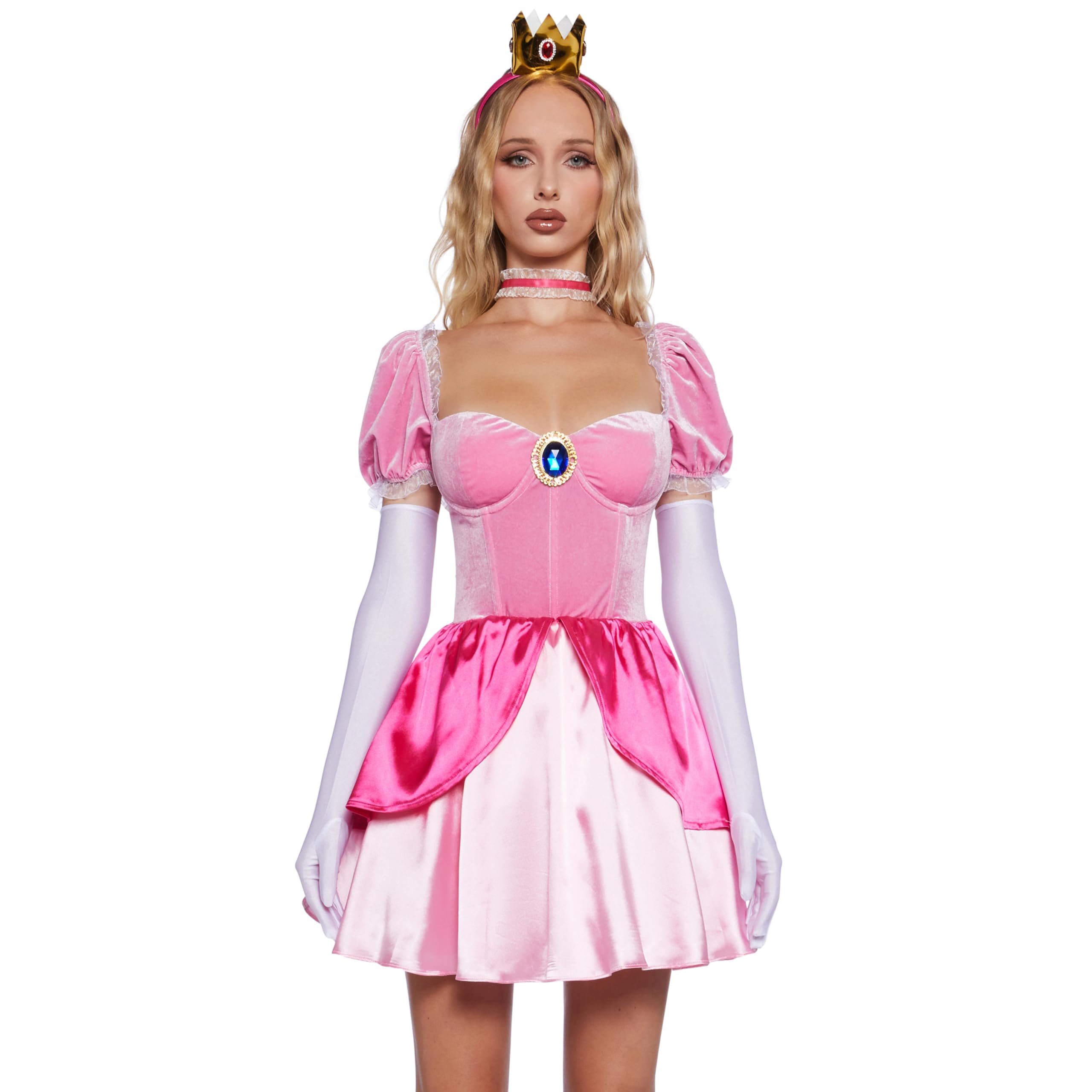 Dolls Kill Super Video Game Princess Inspired Costume - Peach Mini Dress and Crown by Trickz N' Treatz: Medium