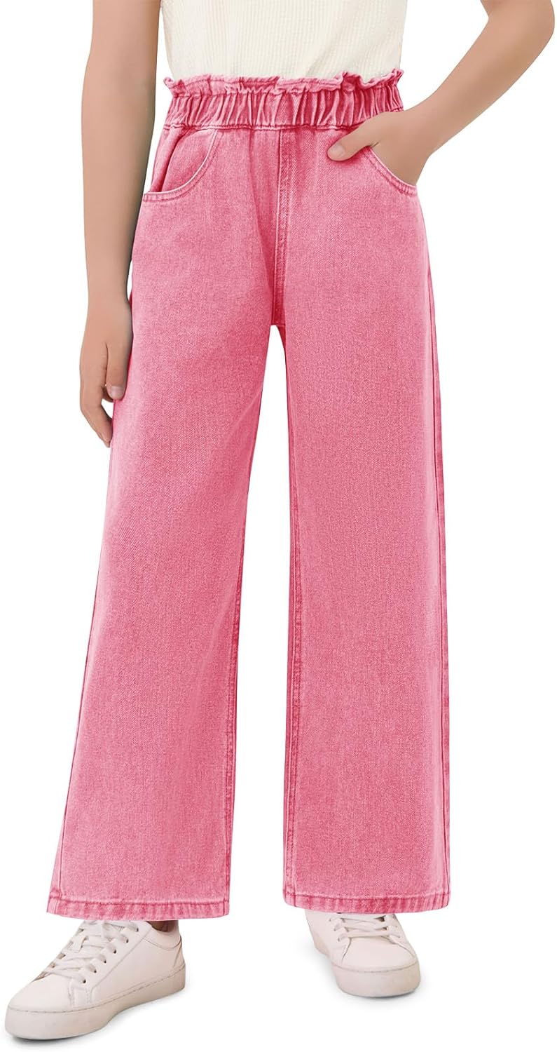 Haloumoning Girls Cute Wide Leg Flared Jeans Kids Oversized Elastic Waist Paper Bag Pants with Pockets 5-14 Years