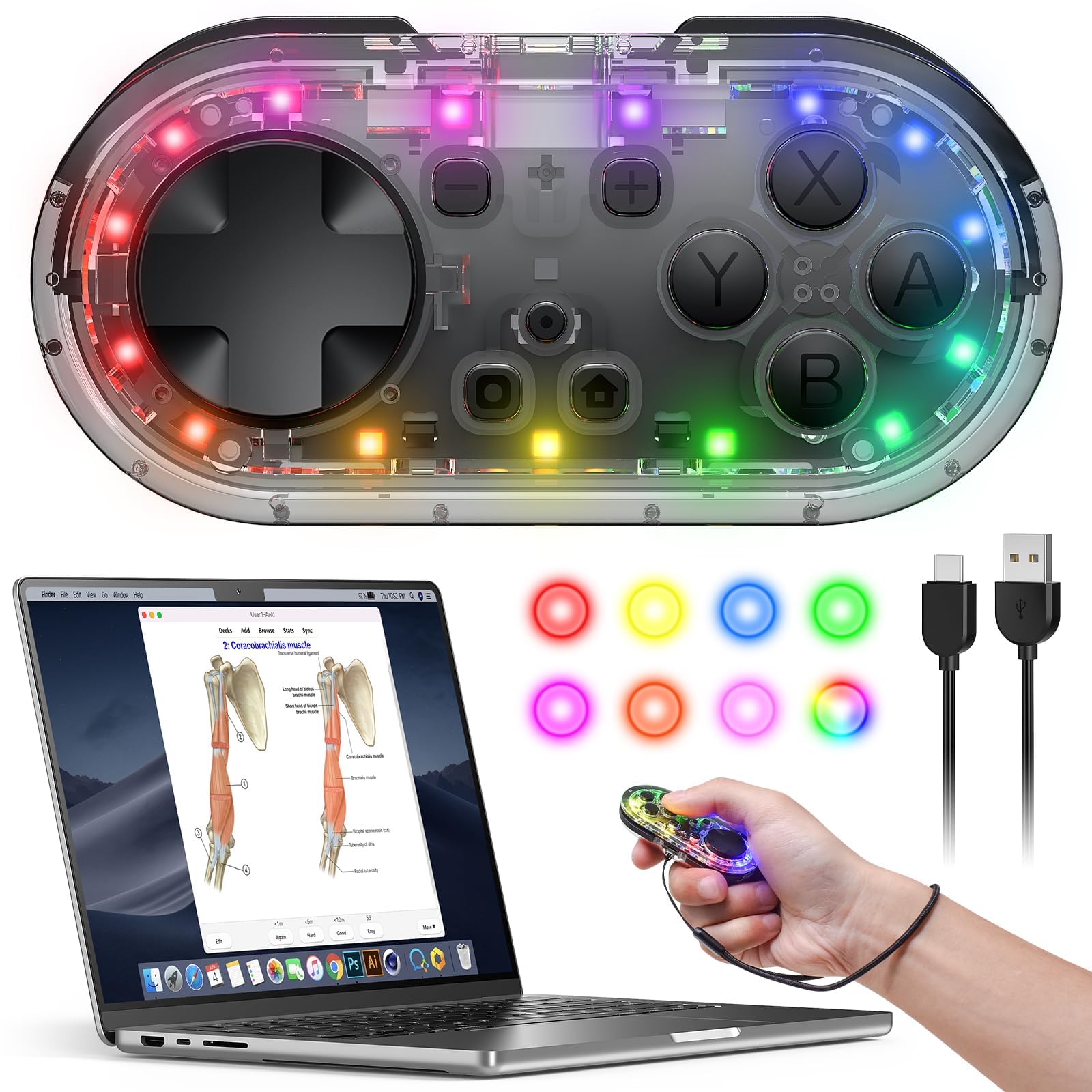 Wireless Bluetooth Controller for Anki Remote Mac, Gamepad Sized Mini Controller for -Windows-Android-MacOS with Cable and Strap (Transparent-black）
