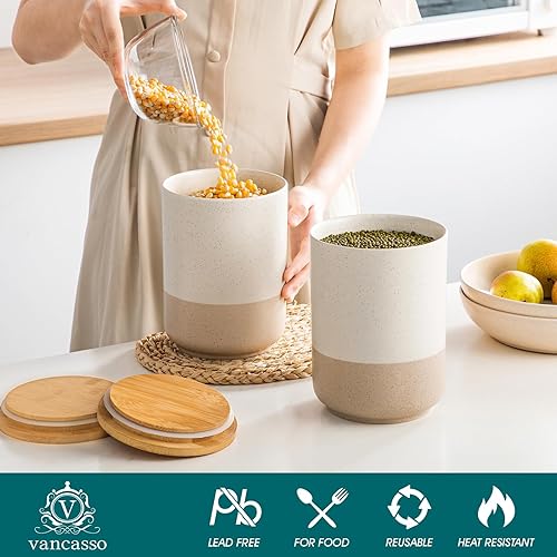 Miniatura 3 de vancasso Sabine - Juego de recipientes grandes de cerámica con tapas de madera herméticas, 2 tarros de almacenamiento de alimentos de cocina para