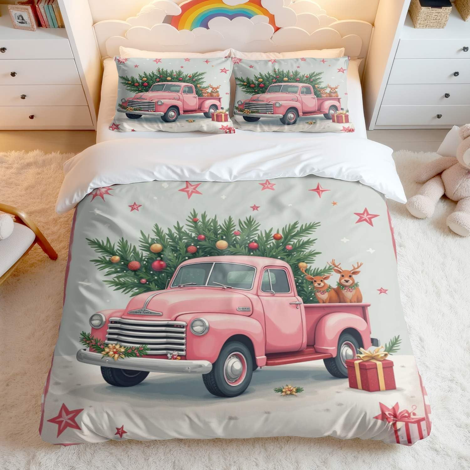 Parure de lit double rose avec housse de couette sapin de Noel vintage et taies d oreiller 50x75