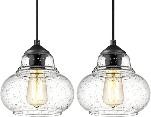ELYONA Lámpara colgante industrial, paquete de 2 lámparas colgantes de cristal de burbujas para isla de cocina, lámpara colgante moderna de vidrio