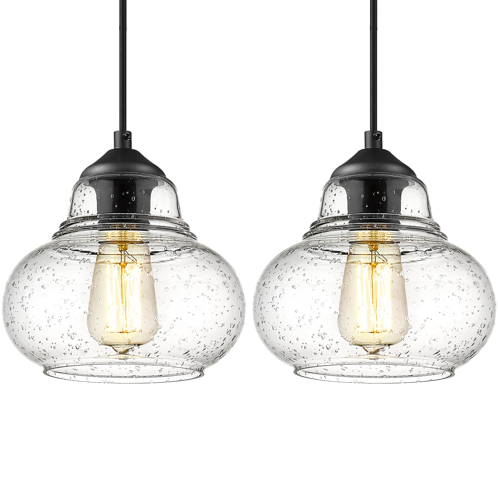 Photo 1 of ELYONA 2 Pack Bubble Glass Pendant Light 8 inch Industrial Kitchen Hanging Pendant Light Fxitures Modern Hand Blown Seeded Glass for Farmhouse Dining Room Bar Bedroom Living Room Black