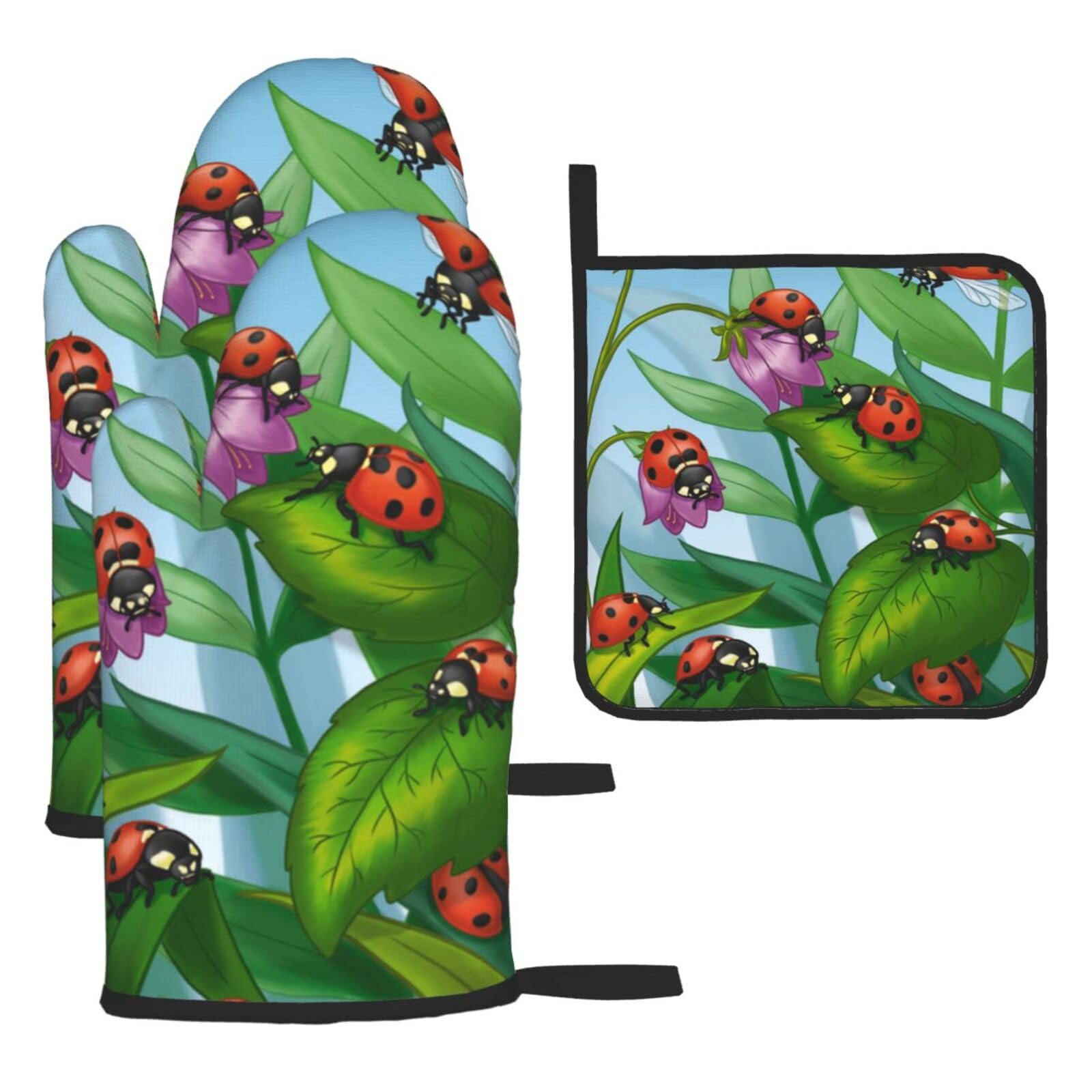 Ladybug Print Oven Set Kitchen Gloves Baking Grilling Microwaving Cooking Gift Everyday Holiday