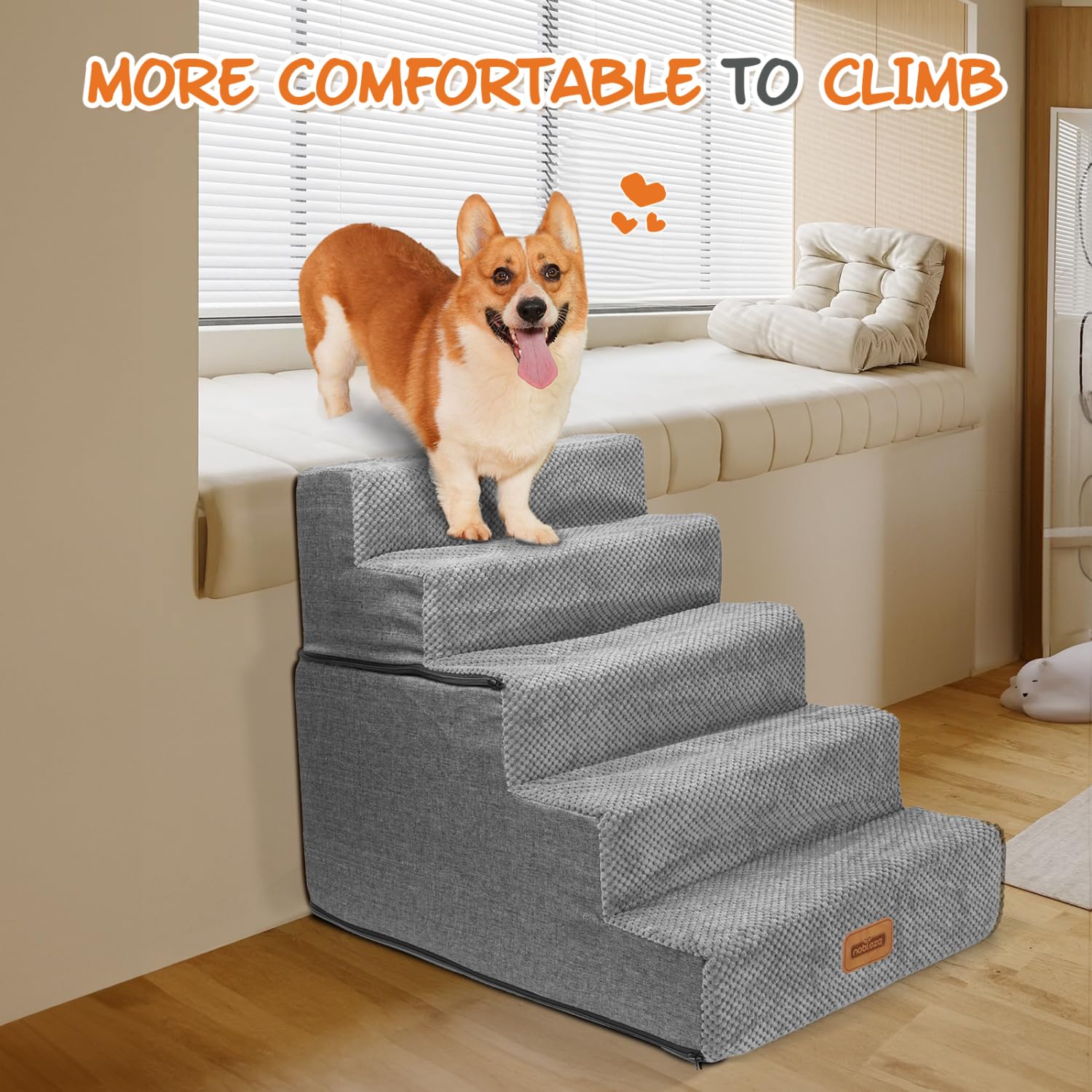 Nobleza Hundetreppe für Kleine Hunde, Hunderampe und Haustiertreppe mit Fusselrolle, 5 Stufen Katzentreppe und Hundetreppe für Bett Sofa