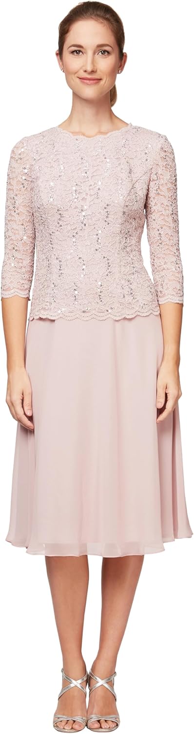 Alex Evenings Women's Tea Length Embroidered Bodice Mother of The Bride Gown, Wedding Guest Dress