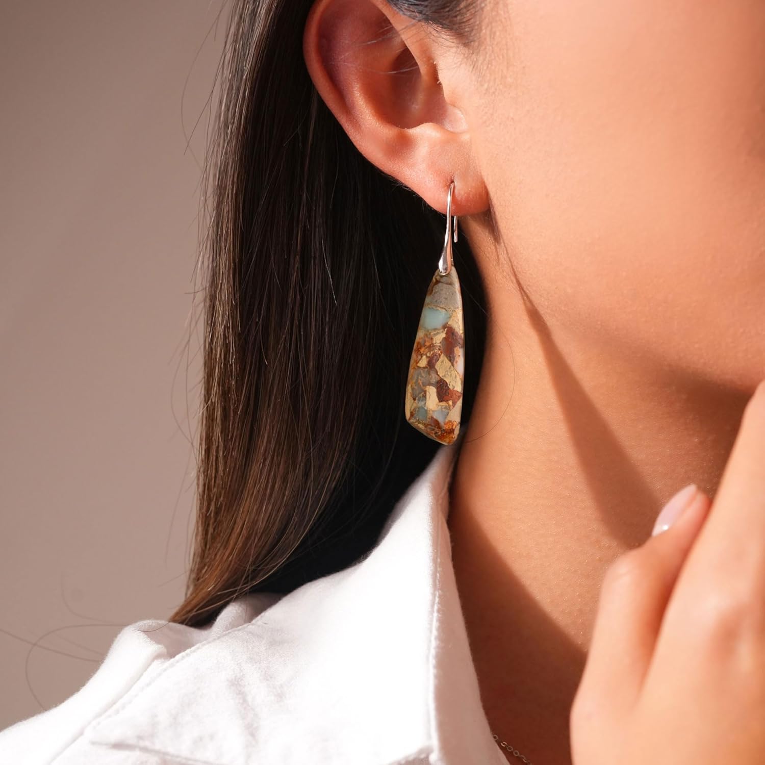 925 Sterling Silver Natural Imperial Jasper Dangle Drop Earrings, Multicolor, Boho Style - Image 2