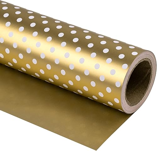 WRAPAHOLIC Papel de regalo dorado reversible de 30 pulgadas, papel de regalo dorado y de lunares para cumpleaños, Navidad, boda, baby shower, 30