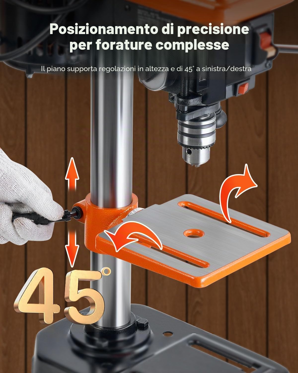 VEVOR Trapano a Colonna da Banco 203,2 mm, Motore a Induzione, 500 W, Velocità Regolabile 550/950/1450/1950/2500 giri/min, Tavolo da Lavoro Inclinabile 0-45°, Luce LED Trapano per Legno Metallo