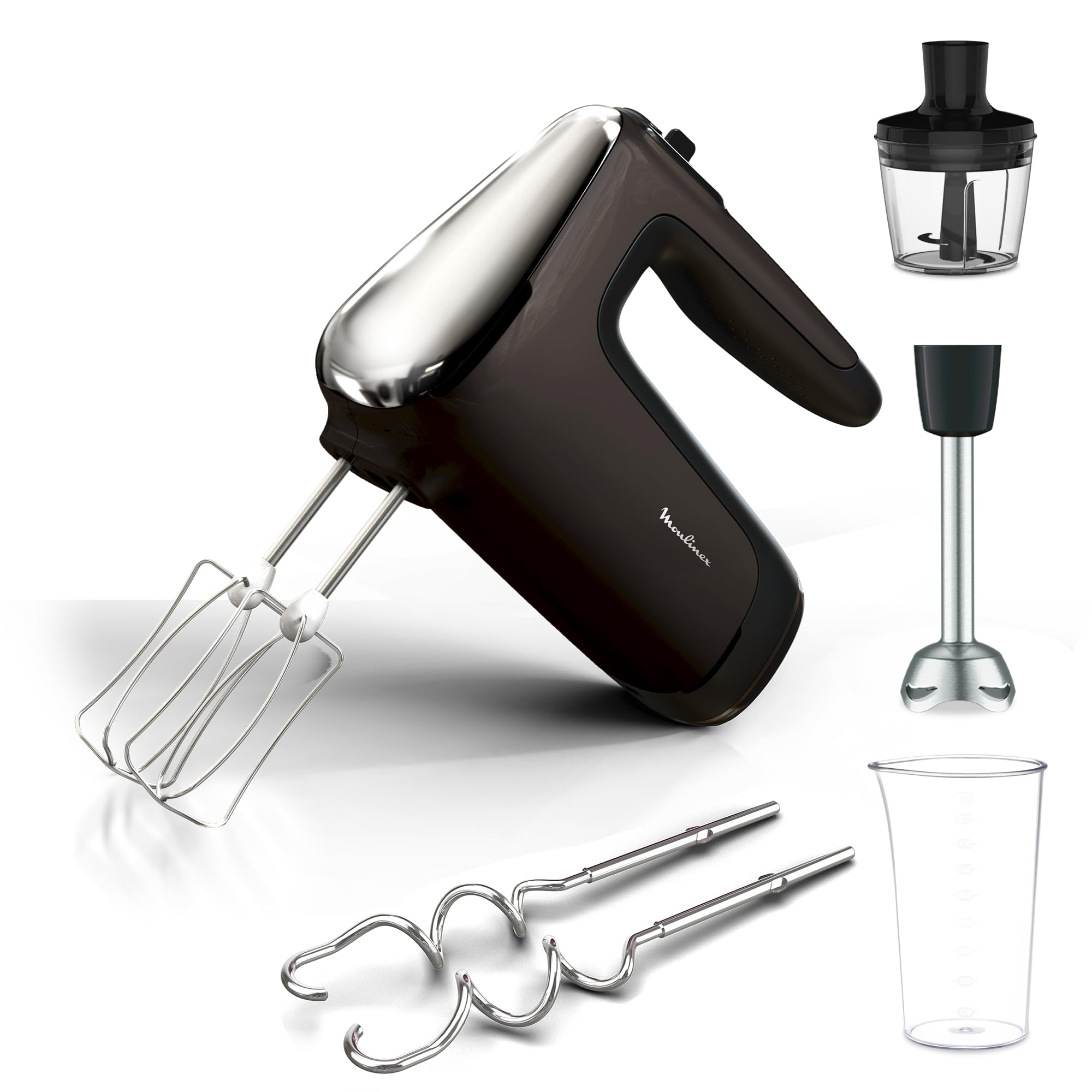 Moulinex Powermix Silence Batteur à main, 600 W, Variateur de vitesse, Turbo, 2 fouets, 2 crochets pétrisseurs, Pied mixeur en acier inoxydable, Mini hachoir HM653910, Argent