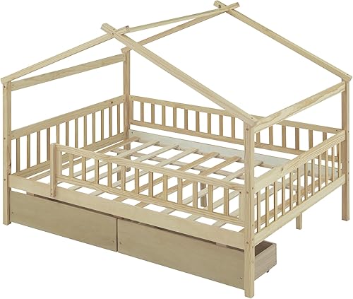 Miniatura 9 de Cama de casa matrimonial para niños, cama Montessori de tamaño matrimonial con 2 cajones de almacenamiento, barandillas y techo, cama de
