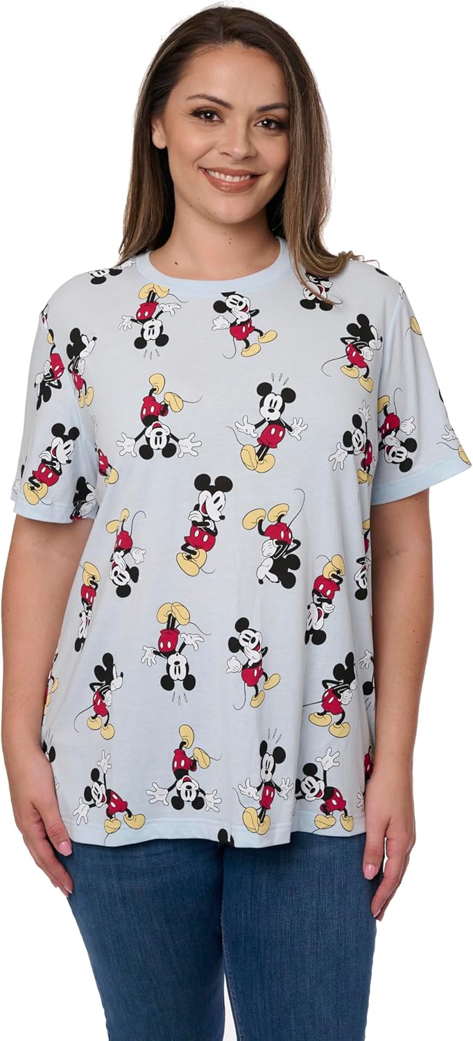 Disney Women's Mickey Mouse All Over Print T-Shirt, Officially Licensed Cute Summer Graphic Tee for Women Regular & Plus Size
