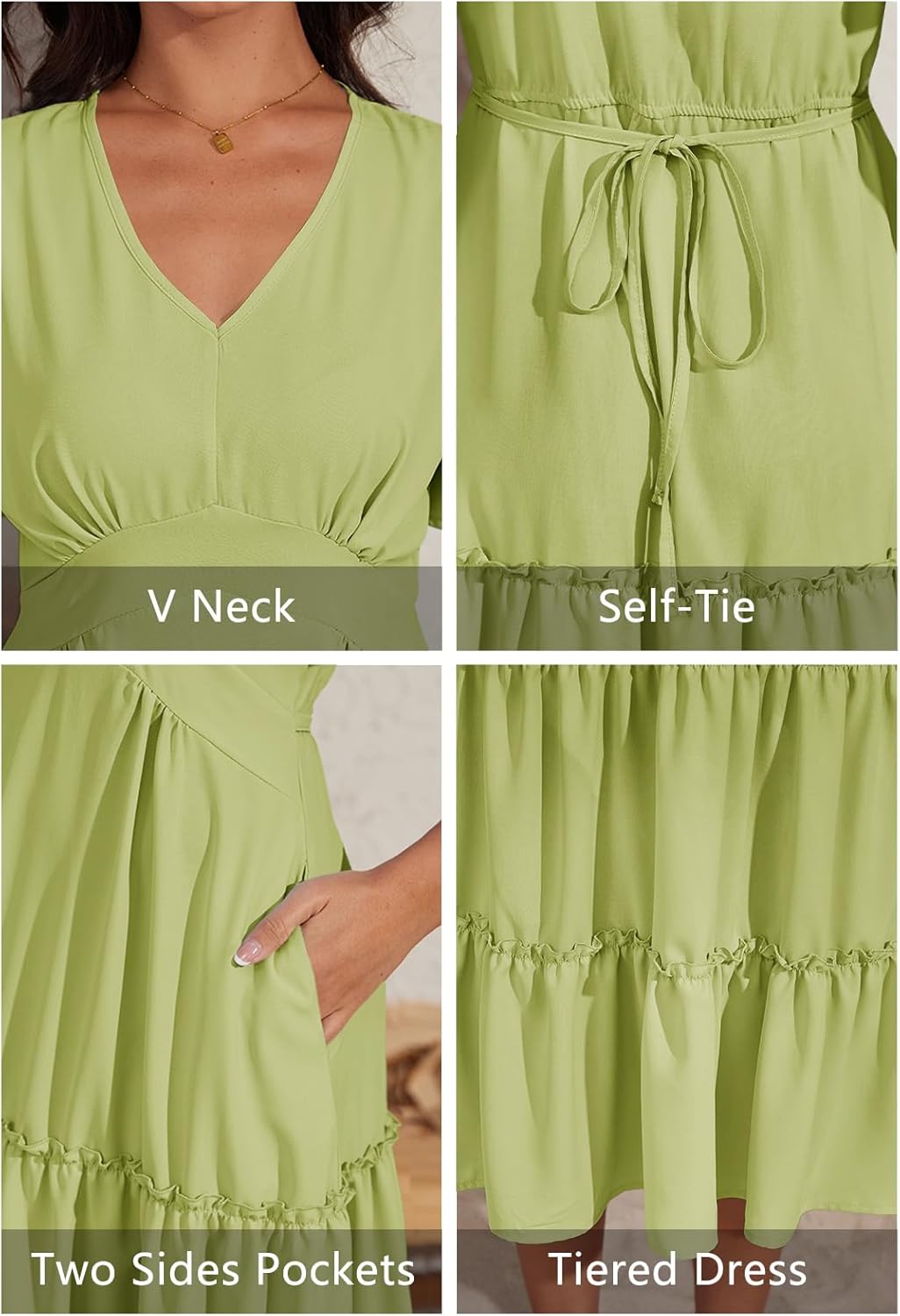 Jayscreate Women's Casual V Neck Boho Summer Tiered Midi Dress Flowy Short Sleeve Long Swing Tie Dress for Women 2025 - Image 6