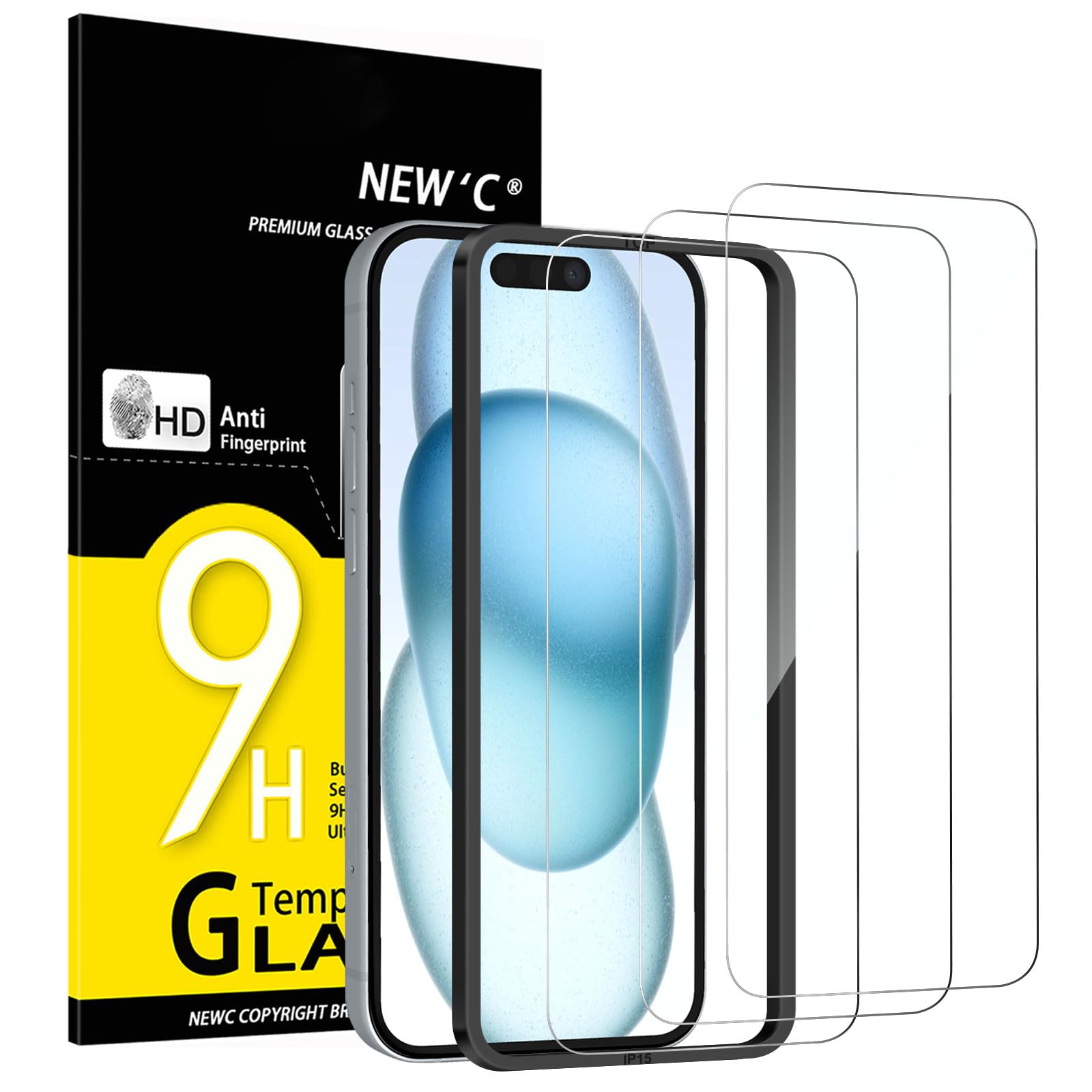 Vetro Temperato NEW'C Per IPhone 16, 15 E 15 Pro (6.1 Pollici), Anti-Graffio 9H, Ultra Trasparente, Senza Bolle, Installazione Facile, 3 Pezzi
