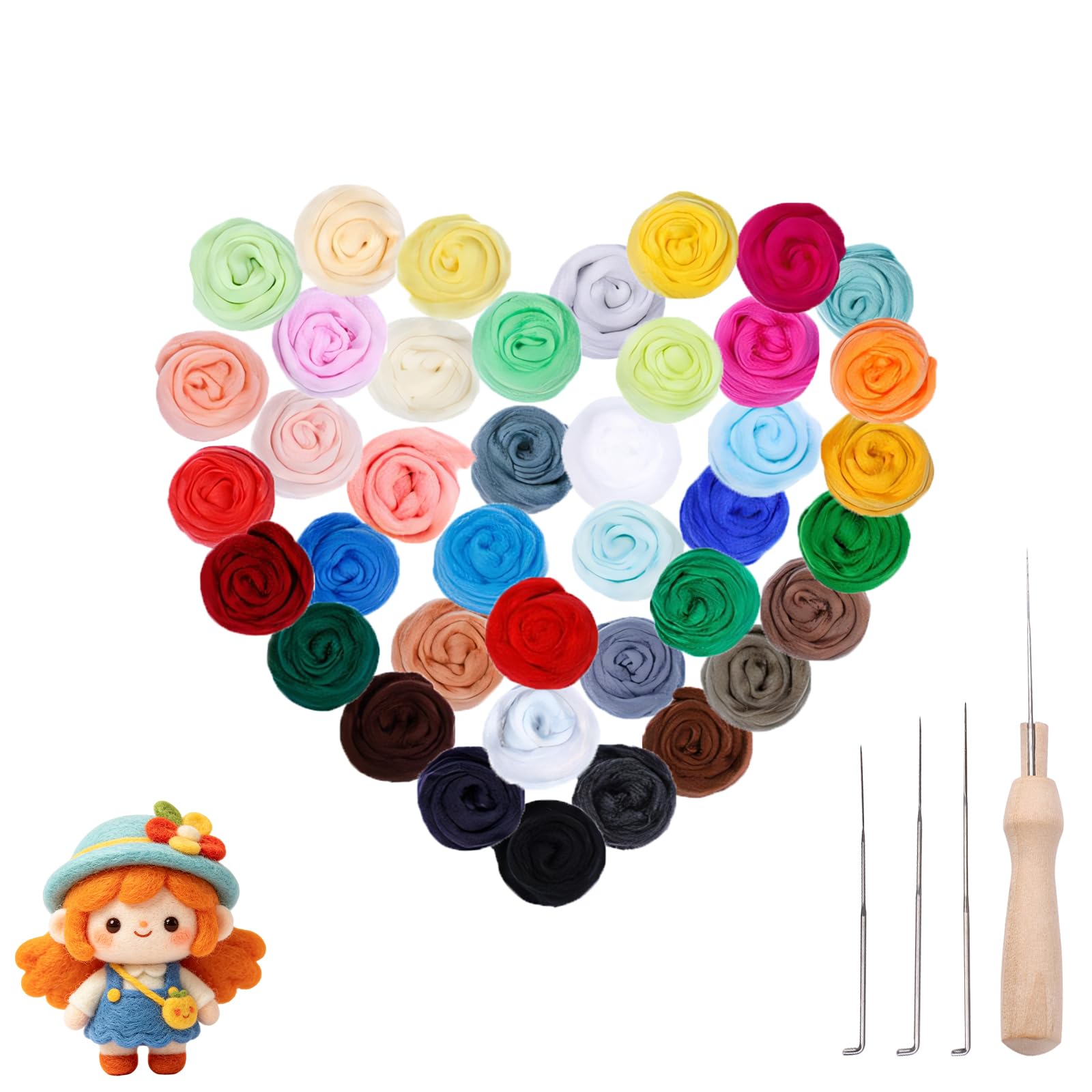 Szzhantuo 44-Piece Needle Felting Kit, 40 Colors 120g Felt Wool Roving, 3 Felting Needles and Wooden Handle, Needle Felt Supplies Starter Set for Beginners DIY Crafts & Art Projects