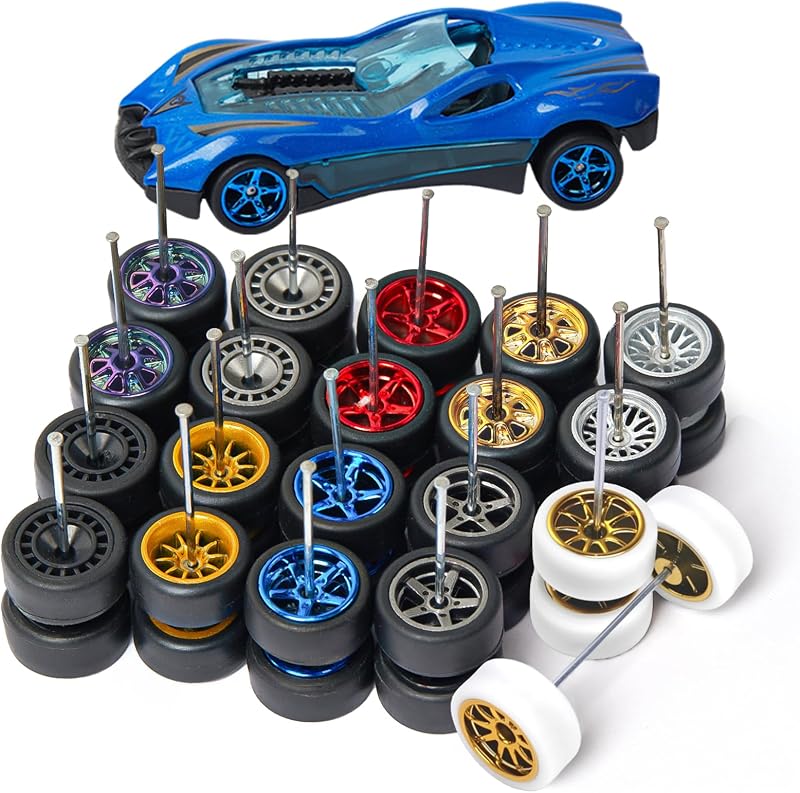 Kit de ruedas y neumáticos 1/64,Rueda escala 1:64 para Hotwheels | Neumáticos de goma para llantas para 10 automóviles, ejes fáciles de instalar, adecuados para HotWheels básicos y cajas de cerillas (10 juegos)