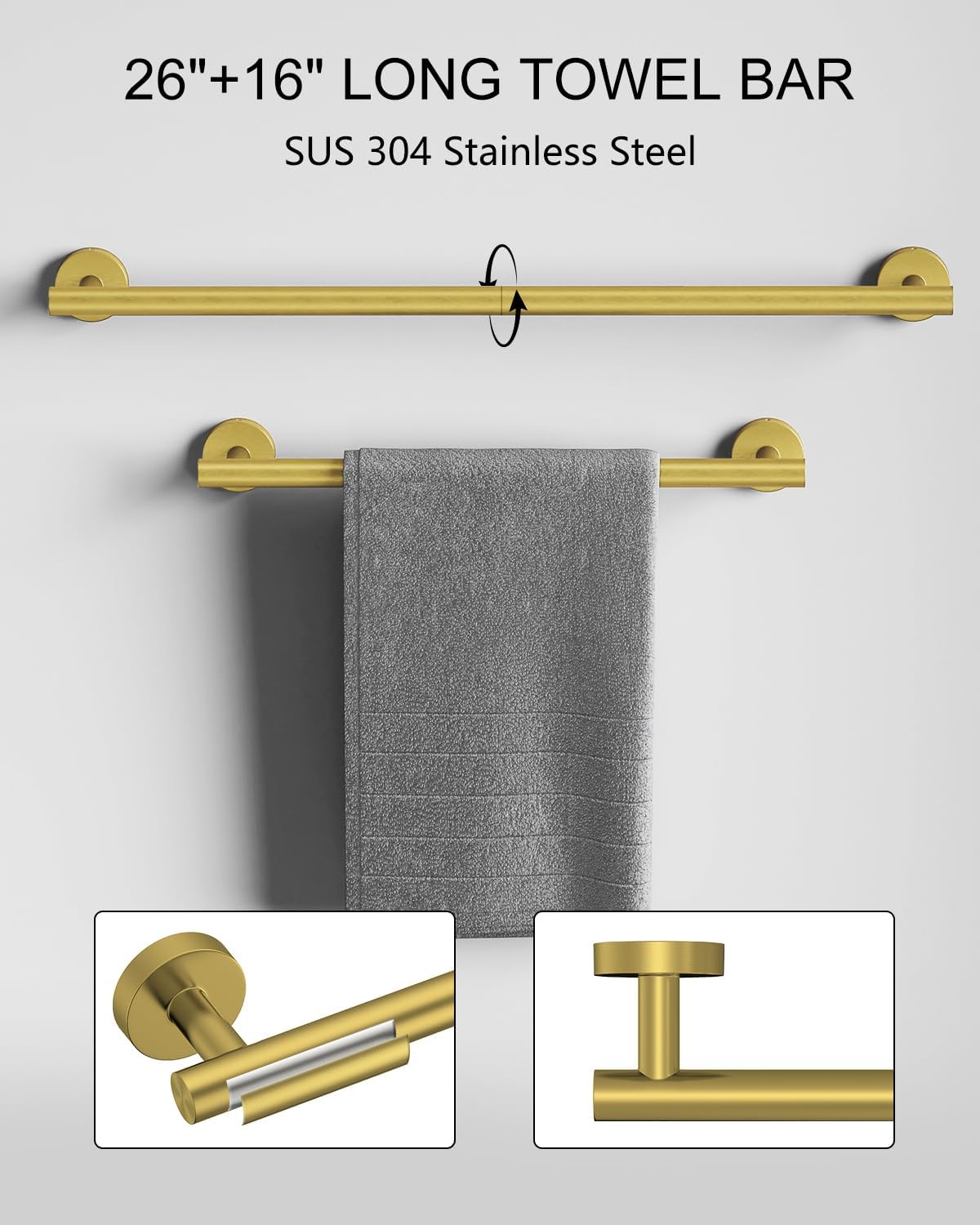 Bathroom Hardware Accessories Set 12 Pieces Brushed Gold 26" SUS 304 Stainless Steel Bath Towel Holder Bar Set Towel Rack Combination Wall Mounted for Kitchen, Laundry, Bedroom