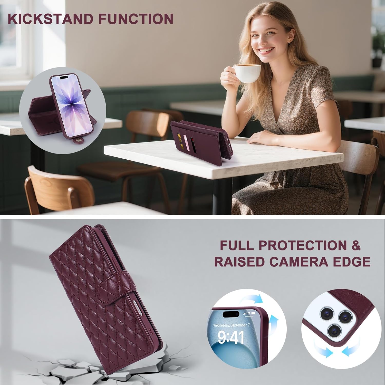 Harryshell for iPhone 17 Pro Max Detachable Wallet Case Magnetic Cover Compatible with Magsafe RFID Blocking Card Slots Holder Kickstand PU Leather Folio Protective Case Men Women Quilted Burgundy
