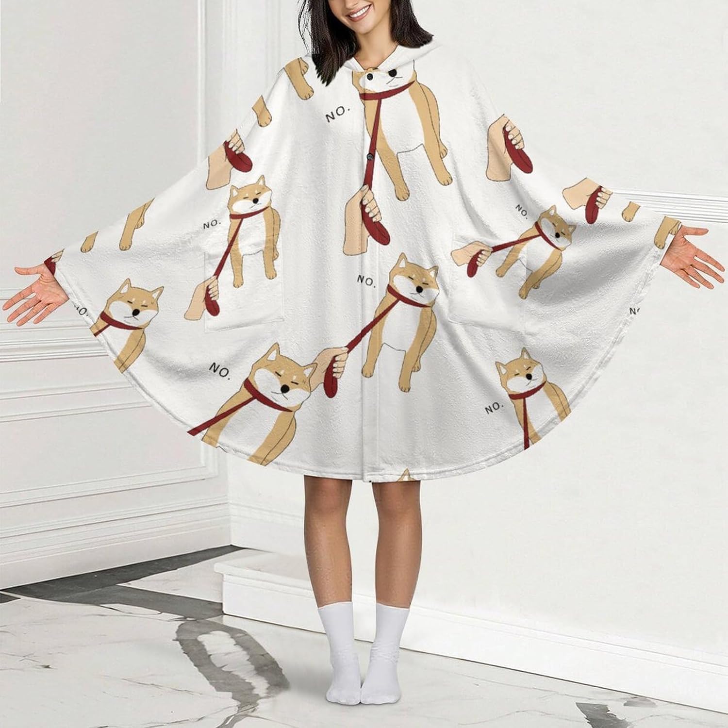 Shiba Inu No Wearable Blanket with Hooded Flannel Blankets Cape with Pocket