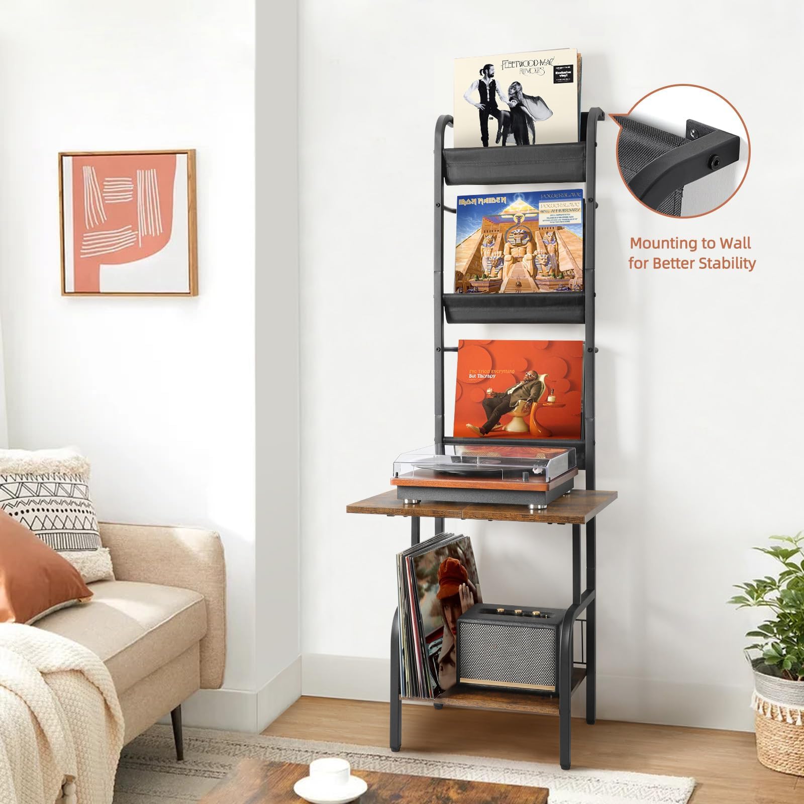 Mobile Giradischi e Porta Vinili, Porta Dischi Vinile, Vinili da Parete a 3 Livelli, Mobile per Giradischi e Vinili Archiviazione fino a 200 Albums, Cds