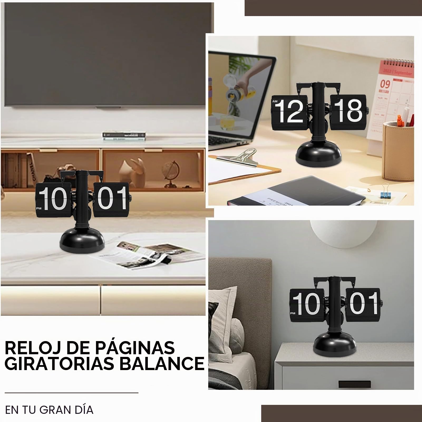 Cyrank Reloj Abatible Retro Mecánico Digital Moderno con Engranaje Interno Operado, Reloj Abatible Digital Retro Reloj De Escritorio Mecánico Silencioso Y Preciso Reloj para Mesita De Noche(Negro)