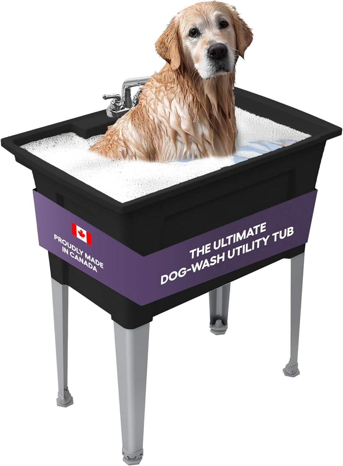 Freestanding Utility Sink with Pull-Out Faucet – 32" with Steel Legs – Multipurpose for Pet Washing & More, Indoor and Outdoor Use – by Noah William Home – Black (26 gal)