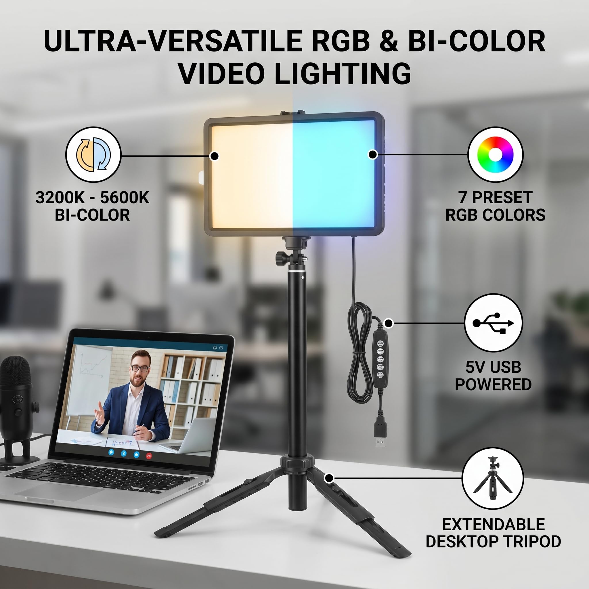 LED Studio Light, RGB Video Light Kit 10 Livelli Kit di Illuminazione Video LED Dimmibile USB con Treppiede per Registrazione Video, Streaming di Gioco, YouTube